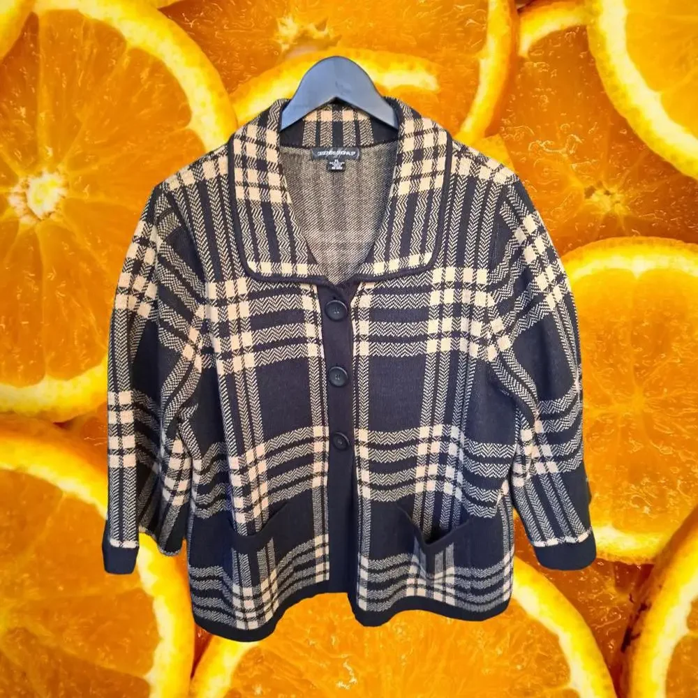 Designers Originals Black and‎ Tan Plaid Button Up Blazer 3/4 Sleeve Size XL